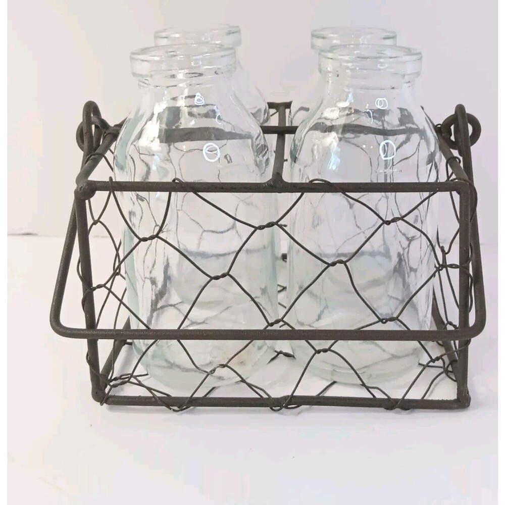 Farmhouse Metal Basket With Four Small Creamer Bottles Flower Vases Propagation